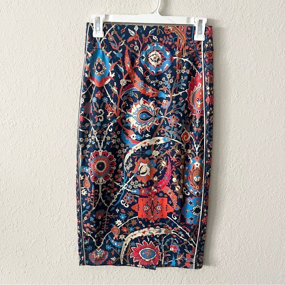 Gretchen Scott Blue Multi Color Paisley Midi Skirt Pull On Size XS